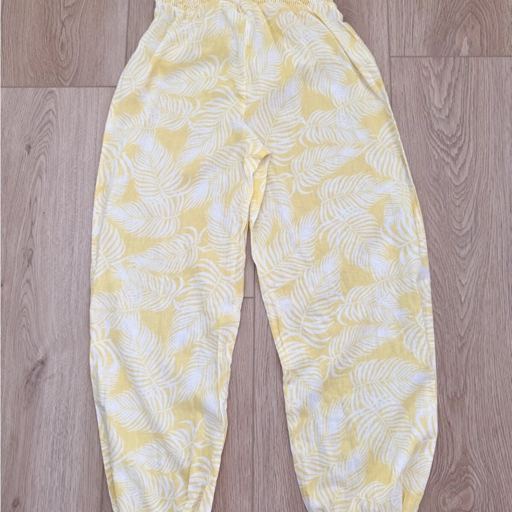 True Destinations Floral Palm Leaf Yellow Lagenlook Pants Resort Wear XS